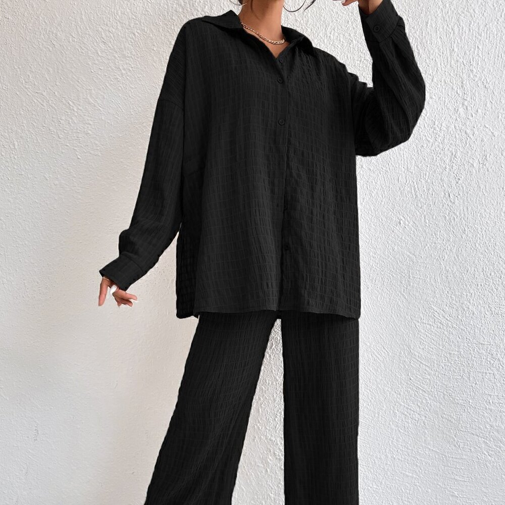 Black Casual Women's Solid Drop Shoulder Shirt & Wide Leg Pants - Picture 3 of 6